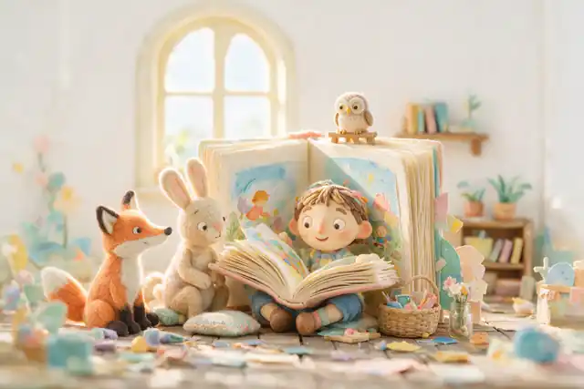Un bambino di feltro legge un grande libro illustrato insieme a una volpe, un coniglio e un gufo, in un set in miniatura fatto a mano